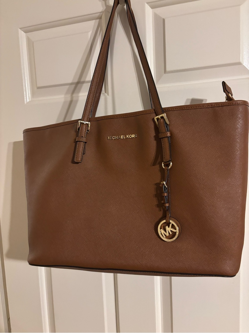 Michael Kors Brown Saffiano Leather Tote with Gold MK Charm